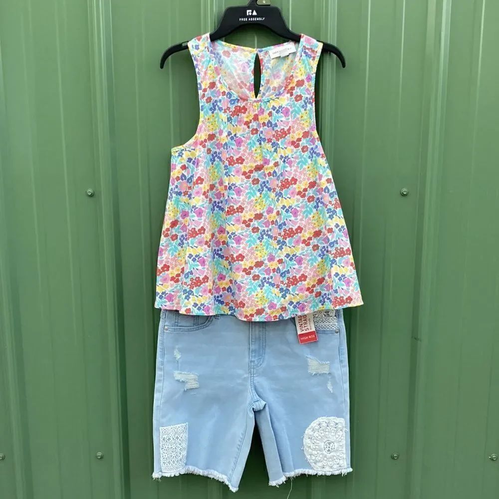 Girls Sleeveless Woven Tank Top & Crochet Denim Bermuda Shorts 2-Piece Set